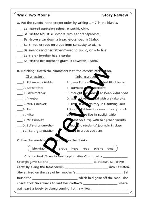 Sharon Creech Walk Two Moons Worksheets Made By Teachers