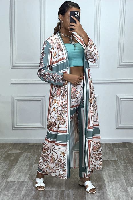 Ensemble Vert D Eau Pantalon Et Long Kimono Motif