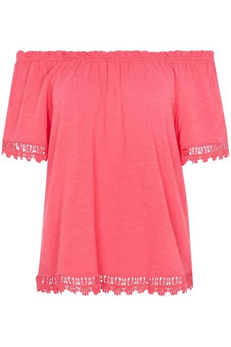 Short Sleeve Jersey Bardot Top With Lace Trim Bonmarché