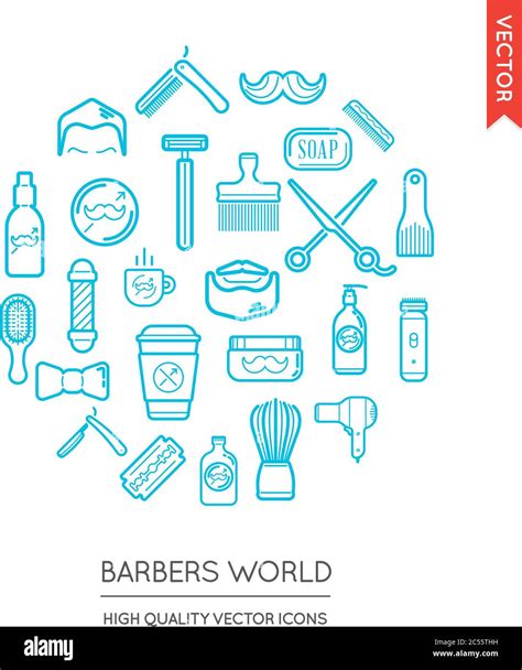 Vector Set Of Barber Shop Modern Flat Thin Icons Inscribed In Round