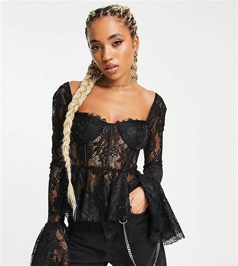 Reclaimed Vintage Long Sleeve Lace Corset Top In Black Modesens