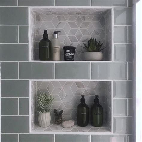 Built In Tiled Shower Shelves Modern Metro And Hexagon Tiles Recessed