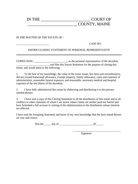 Sworn Closing Statement By Representative Small Estates Maine Form