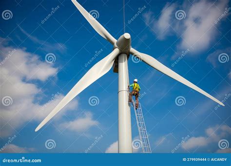 Wind Turbines In A Field With Blue Sky And Clouds Workers In Safety Gear Performing Maintenance