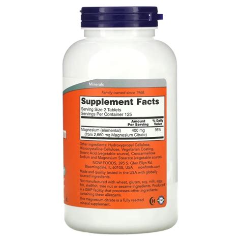 Now Foods Magnesium Citrate 200Mg Nervous System Support 250