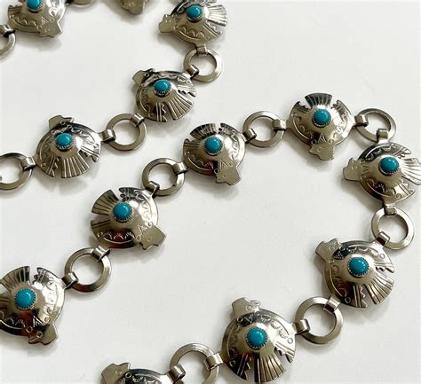 Thunderbird Turquoise Concho Belt Chain Link Vintage S Silver Metal