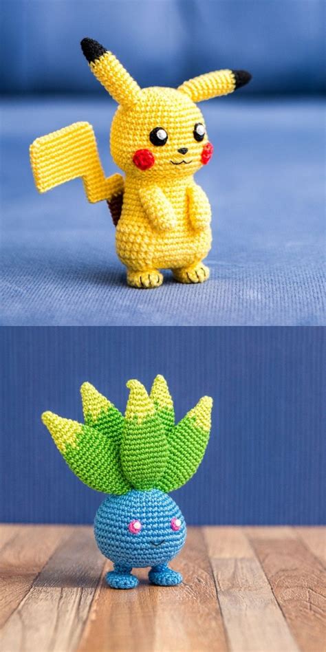 Two Crocheted Pokemon Figurines Sitting Next To Each Other