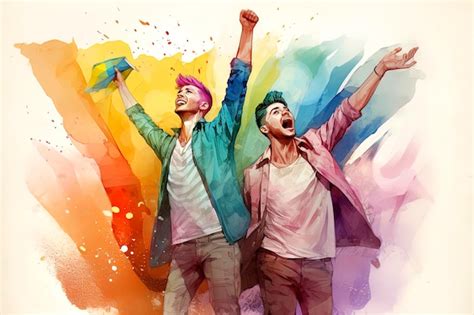 Ilustración generativa de IA de Retrato de dos hombres gay enamorados y muy emocionados en las