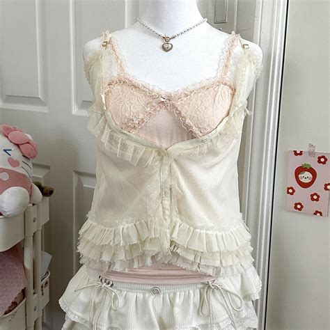 Mezzo Piano Cream Layered Lace Buttoned Camisole Depop