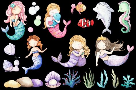 Mermaids And Friends Underwater World Mermaids Watercolor Set Etsy