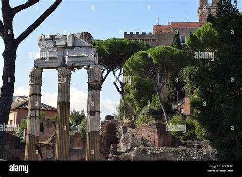 Temple Of Castor And Pollux In The Roman Forum In Rome Italy Stock