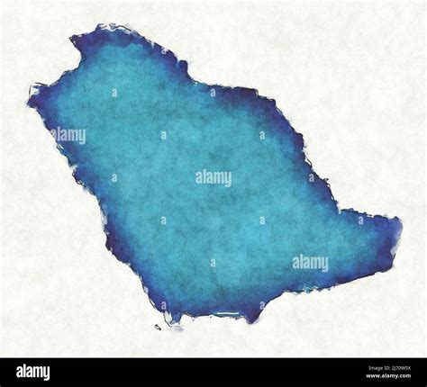 Saudi Arabia Map With Drawn Lines And Blue Watercolor Illustration