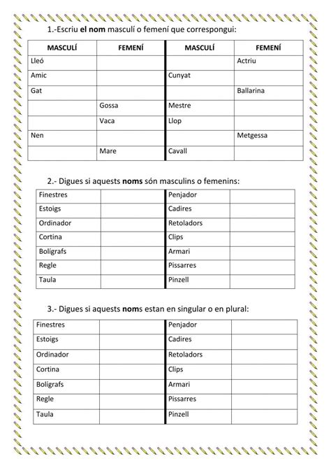 Ejercicio de El nom gènere i nombre Ortografia catalana Cuadernos