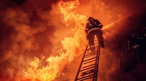 Firefighter Battling A Blaze On A Ladder Premium AI Generated Image