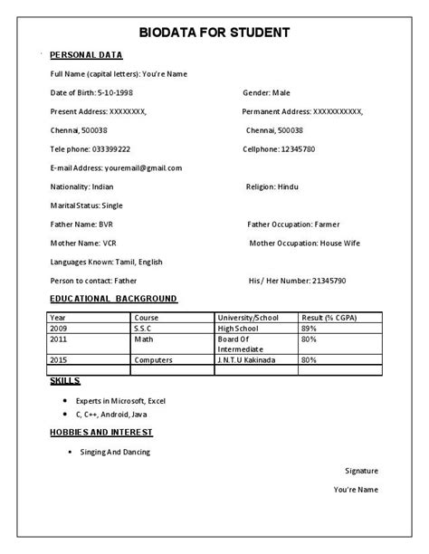 Biodata Format For Students Riset