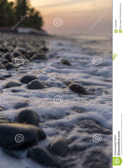 Respingo Do Oceano Muita Espuma Em Rochas Escuras No Nascer Do Sol