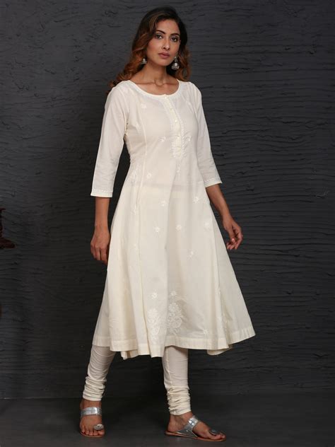 Off White Chikankari Panelled Long Kurta Ethnic And Beyond