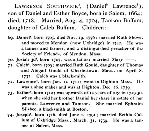 Genealogy Of The Descendants Of Lawrence And Cassandra Southwick Of