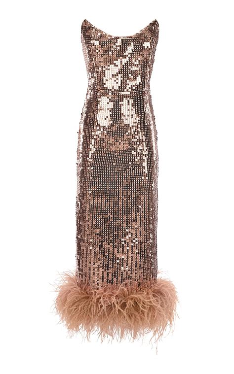 New Arrivals Feather Trimmed Sequin Midi Dress In Natural Lyst