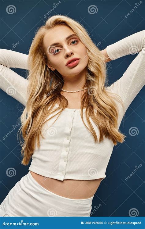 Alluring Blonde Woman In White Outfit Stock Photo Image Of Stylish Elegant