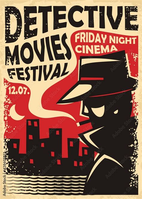 Detective movies film festival retro poster template with secret agent ...