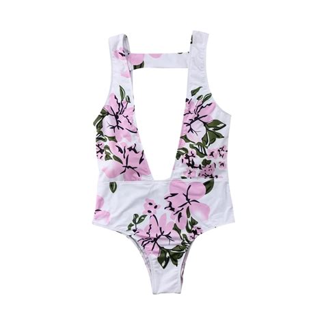 Women Sexy Beach Bodysuit Floral Print Beachwear Deep V Neck Ladies