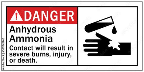 Ammonia sign and labels anhydrous ammonia, contact will result in severe burns, injury, or death ...