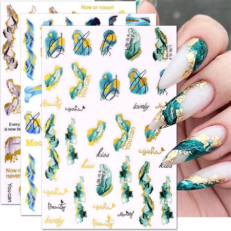 Dornail 8 Blatt Bronzieren Blühen Marmor Nagelsticker 3D Gold Wellen