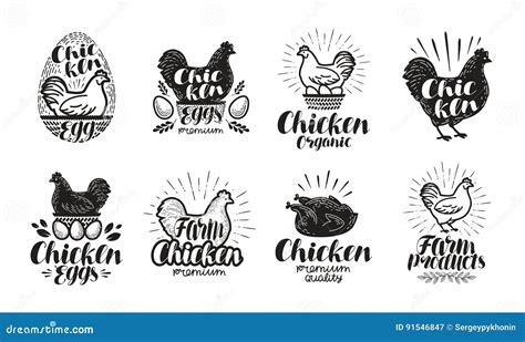 Chicken Poultry Farm Label Set Food Meat Egg Icons Or Logos Stock