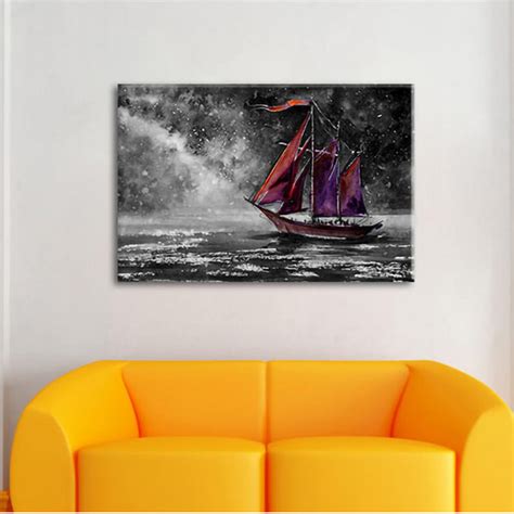 Longshore Tides Leinwandbild Red Sailboat In Starry Night B W Detail