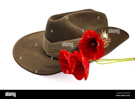 Australian Anzac Day Army Slouch Hat With Red Poppy Stock