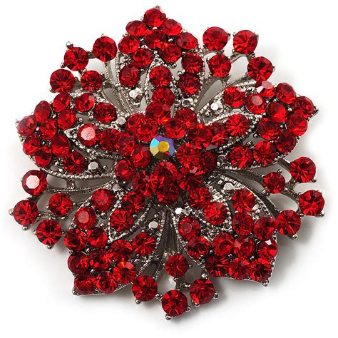 Victorian Corsage Flower Brooch Silver Bright Red Avalaya