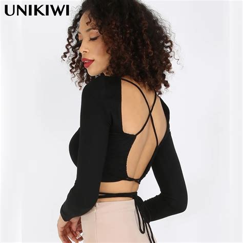 New Womens Sexy Backless Black Hollow Out T Shirt O Neck Tee Back