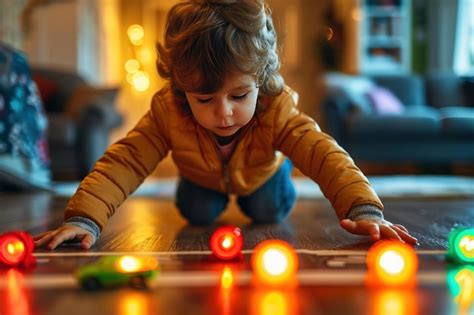 Niño jugando con coches de juguete y señales de tráfico Ai generativo