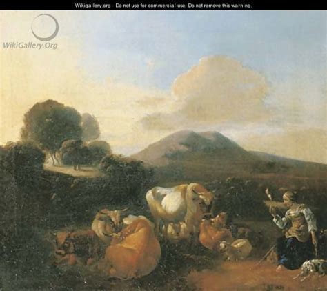 An Italianate Landscape With Shepherds With Goats Sheep And Cattle Resting By A River After