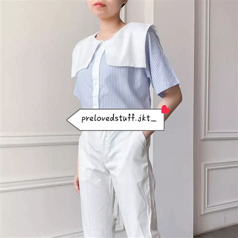 Kemeja Korea Collar Garis Garis Biru Kemeja Korea Kerah Sailor Strip