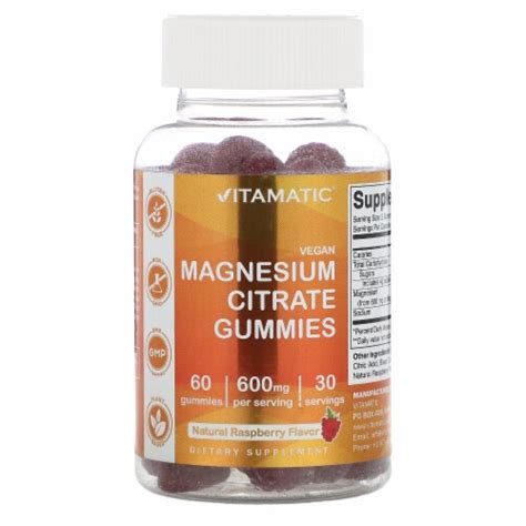 Vitamatic Vegan Magnesium Citrate Gummies Natural Raspberry 600 Mg 60