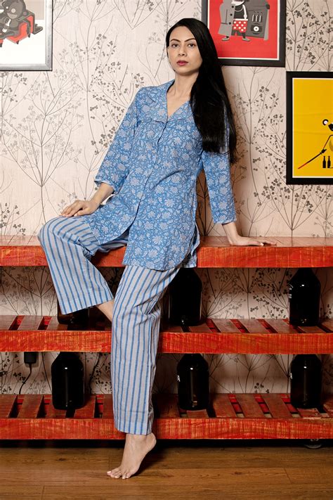 Buy Blue Cotton Embroidery Notched Collar Block Print Kurta And Pant