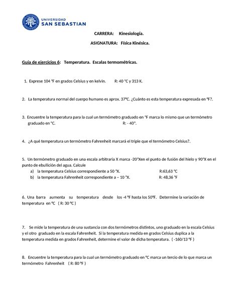 Guia 6 Escalas termométricas CARRERA Kinesiología ASIGNATURA