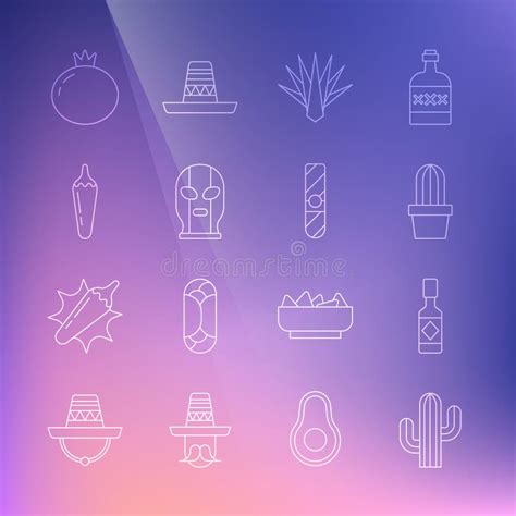 Set Line Cactus Tabasco Sauce Or Succulent In Pot Agave Mexican Wrestler Hot Chili Pepper