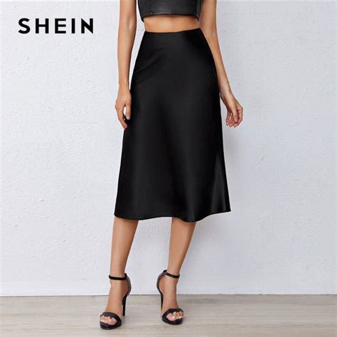 Shein Black Solid Satin Midi Skirt Women Spring Summer Office Ladies