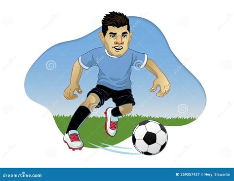 Caricatura De Un Jugador De Fútbol Arrastrando La Pelota Ilustración