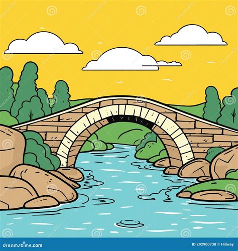 Old Stone Footbridge Over River Vector In Cartoon Style Stock Vector