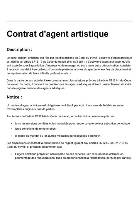 Contrat Youn S Dsq Contrat D Agent Artistique Description Le