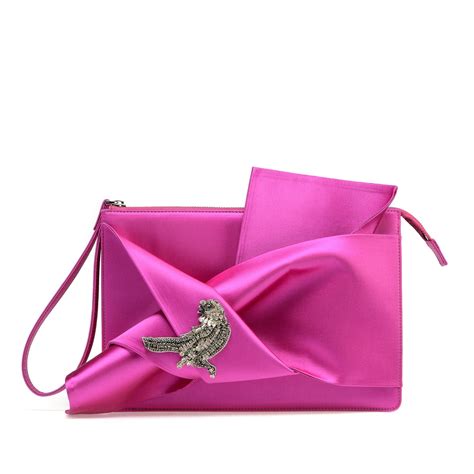 Fuchsia Satin Embroidered Clutch With The Iconic Bow On Front Borse