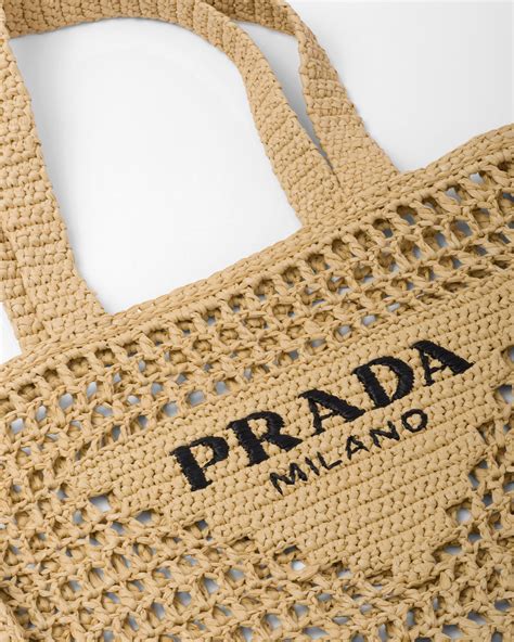 Natural Crochet Tote Bag With Logo Prada