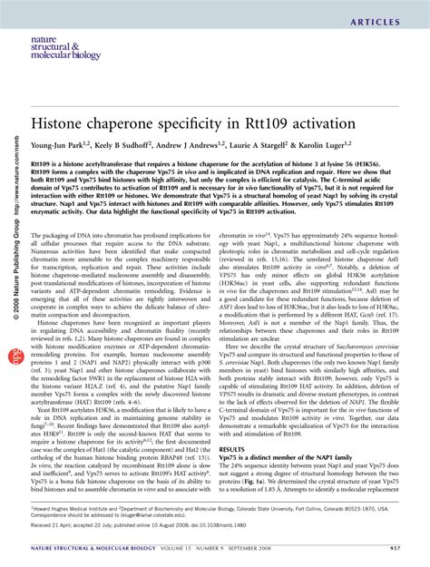 PDF Histone Chaperone Specificity In Rtt109 Activation