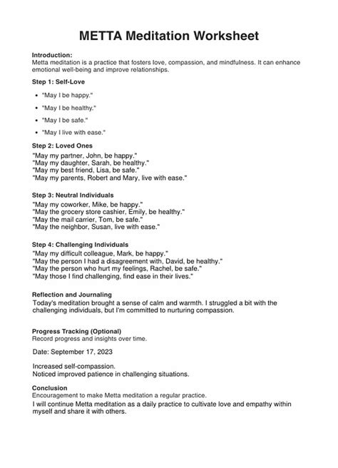 Metta Meditation Worksheet And Example Free Pdf Download