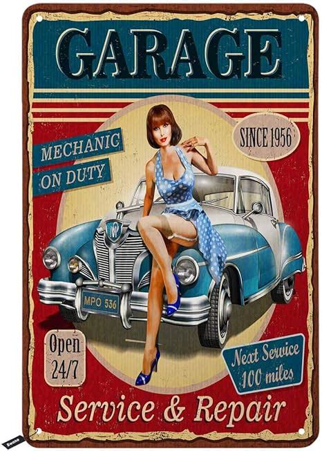 Amazon Swono Garage Tin Signs Pinup Girl Sit On The Car Mechanic