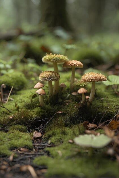 Premium AI Image Mossy Ground With Tiny Mushrooms In The Background